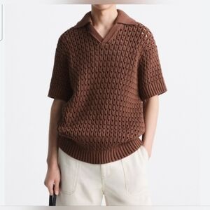 ZARA Knit Chunky Crochet Polo Shirt V-neckline Size L-XL!